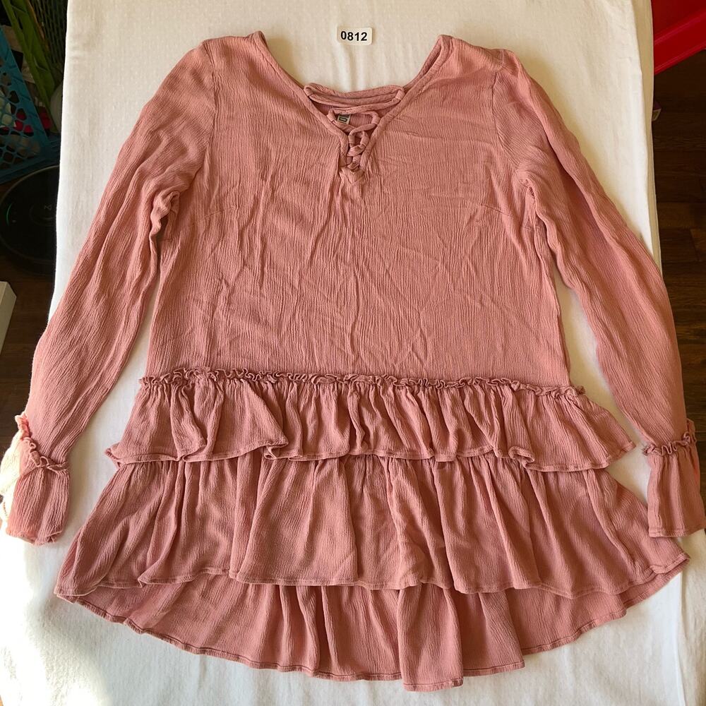 Monoreno Women’s Long Sleeve V-neck Girly Ruffle Mini Dress size S, Pink, Rayon